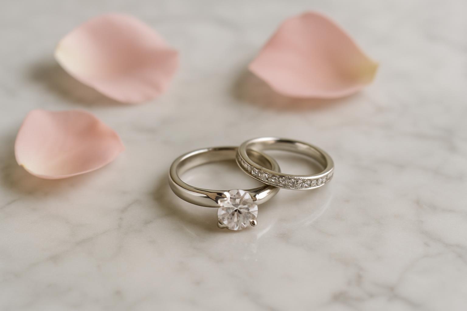 Two rings and some petals on a marble surface.